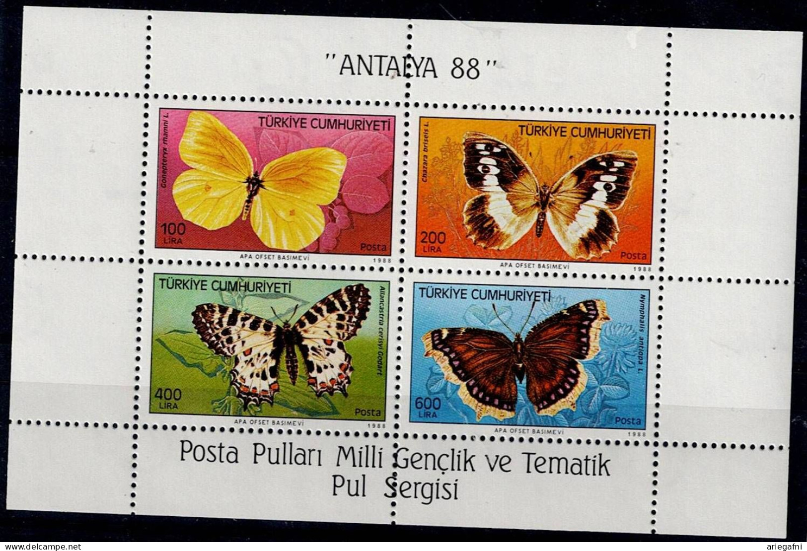 TURKEY  1988 BUTTERFLIES BLOCK MI No BLOCK 26 MNH VF!! - Papillons