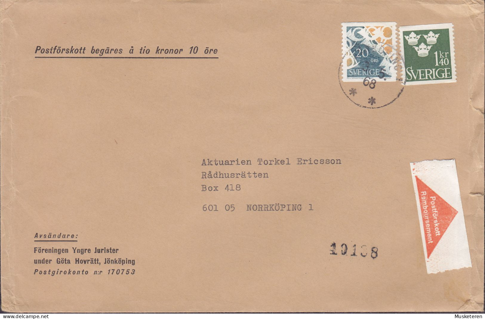 Sweden FÖRENINGEN YNGRE JURISTER (Lawyers) Postförskott Remboursement Label JÖNKÖPING 1968 Cover Brief (Cz. Slania) - Cartas & Documentos