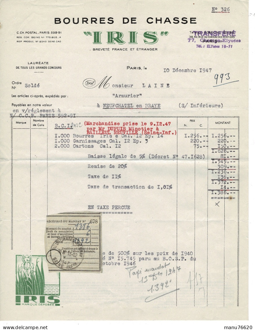 Facture , Document , Courrier : Bourres De Chasse , Iris à Paris , Envoyé à Neuchâtel En Bray - France . - 1950 - ...