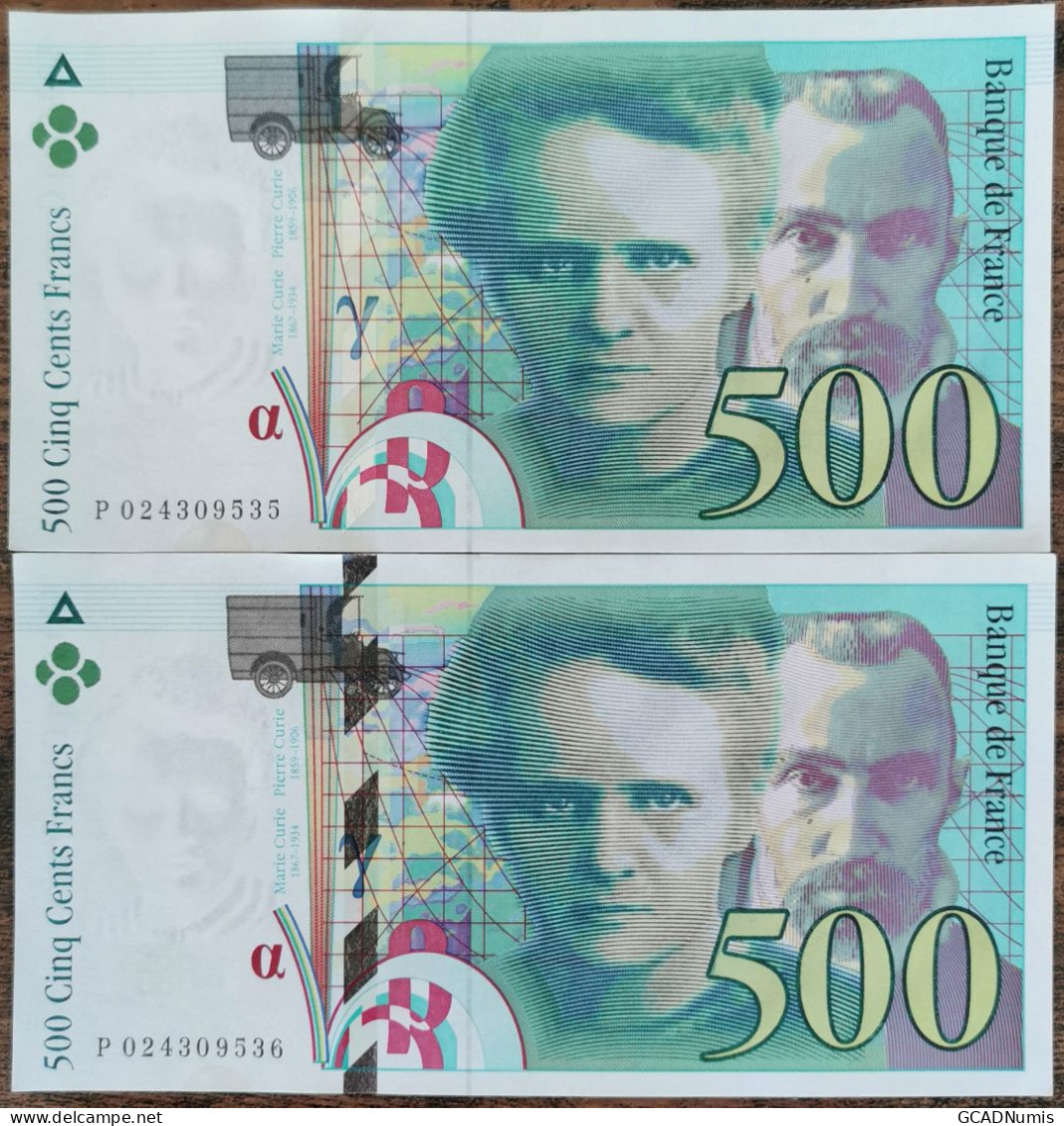 Suite De 2 Billets 500 Francs PIERRE Et MARIE CURIE 1994 - Numéros Consécutifs P024309535 Et 36 - 500 F 1994-2000 ''Pierre Et Marie Curie''