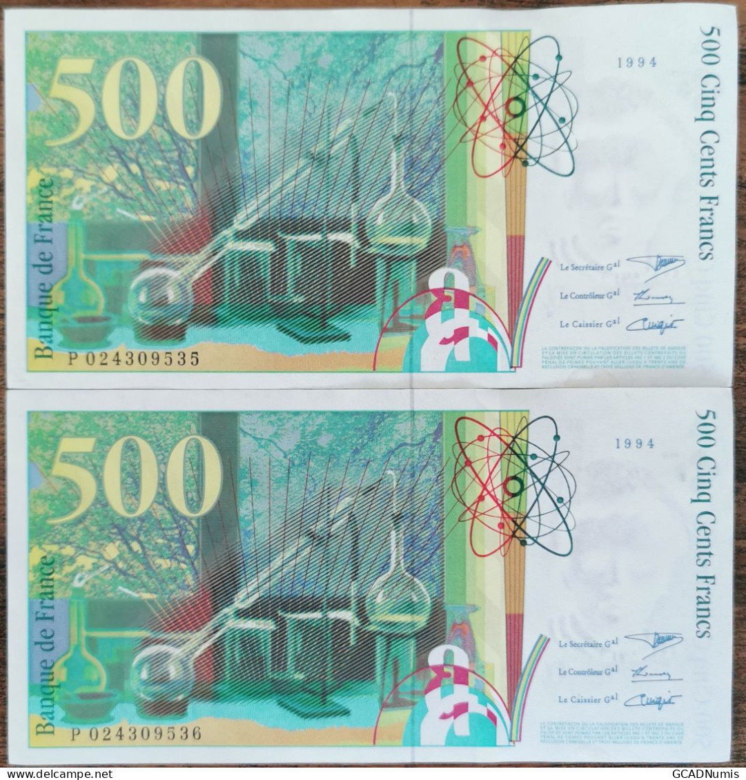 Suite De 2 Billets 500 Francs PIERRE Et MARIE CURIE 1994 - Numéros Consécutifs P024309535 Et 36 - 500 F 1994-2000 ''Pierre Et Marie Curie''