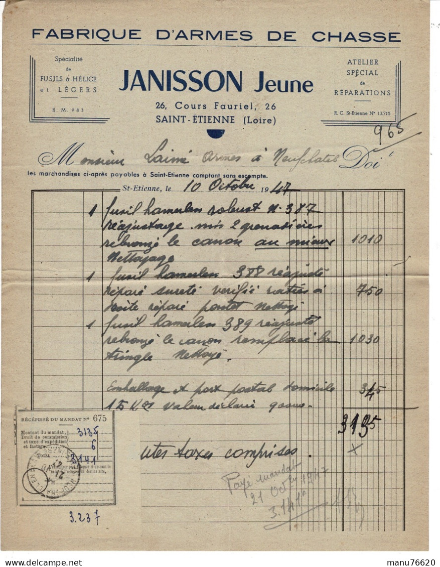 Facture , Document , Courrier : Janisson Jeune à Saint Etienne (Loire) , Envoyé à Neuchâtel En Bray - France . - 1950 - ...