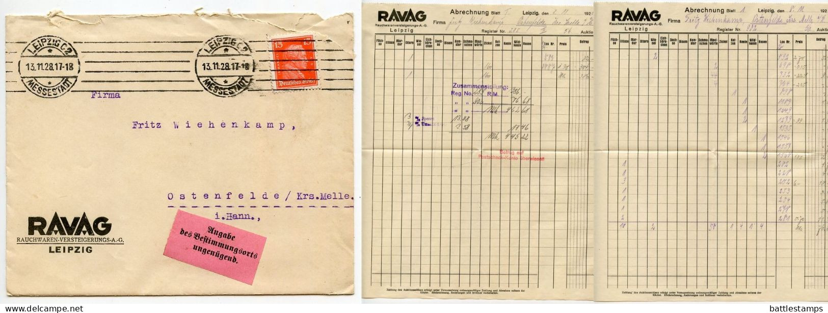 Germany 1928 Cover; Leipzig (Messestadt) - RAVAG, Rauchwaren-Versteigerungs To Ostenfelde; 15pf. Immanuel Kant - Brieven En Documenten