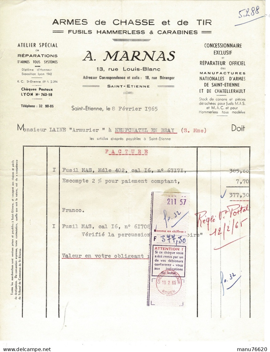 Facture , Document , Courrier :  Fusils A. Marnas à Saint Etienne (Loire) , Envoyé à Neuchâtel En Bray - France . - 1950 - ...