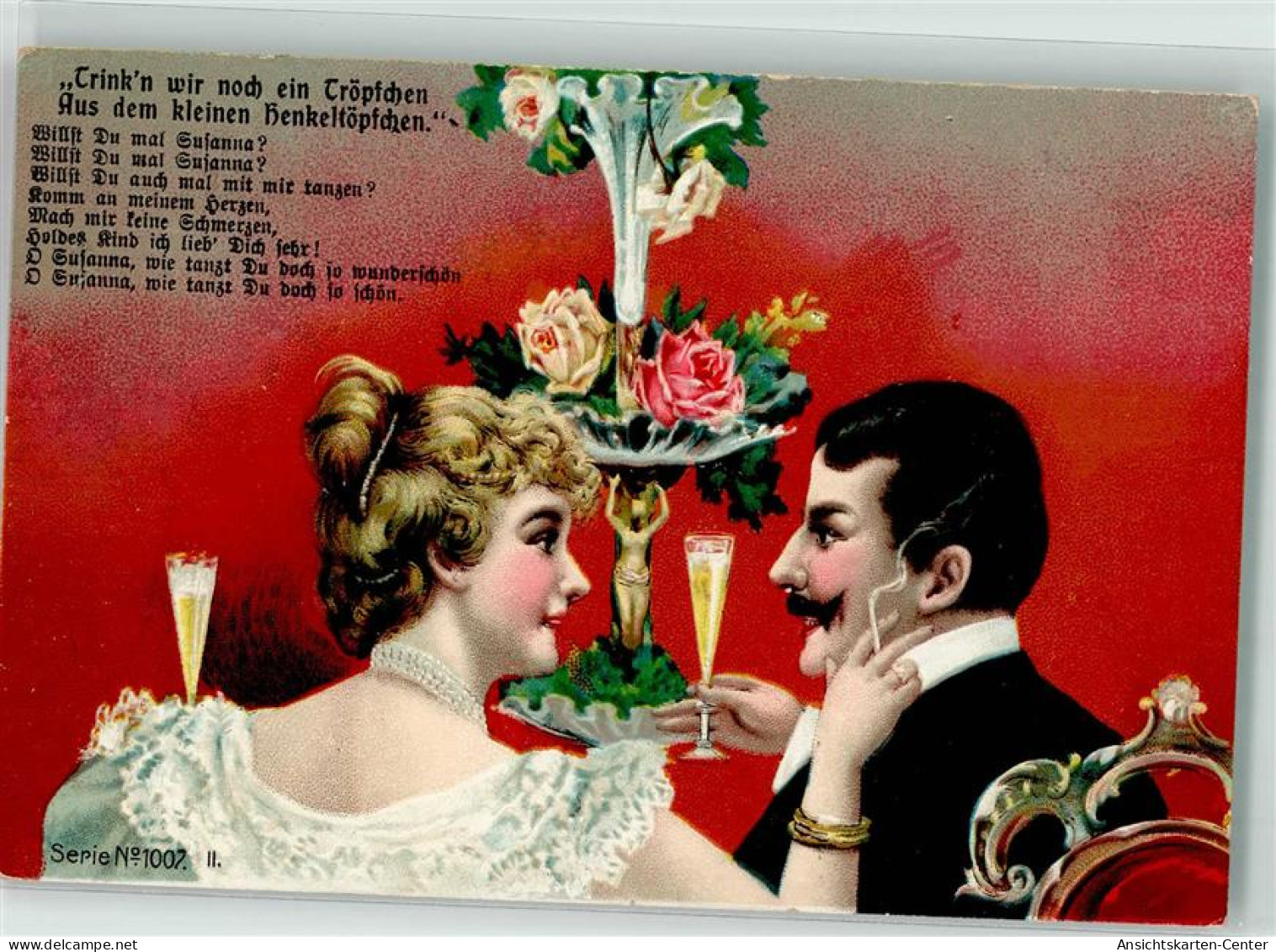 39601808 - Frau Mit Zigarette Prostet Jungen Mann Mit Einem Glas Sekt Zu Rosen Jugendstil Lithographie - Publicidad