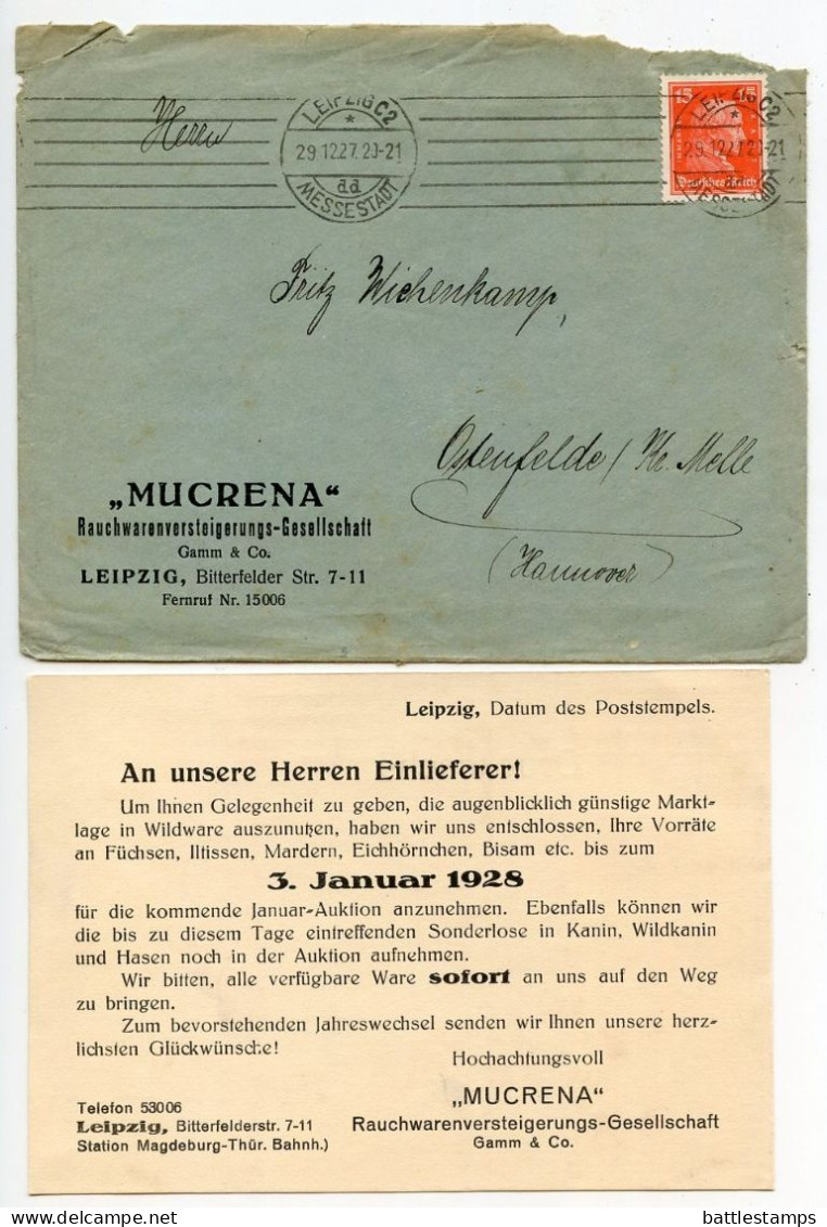 Germany 1927 Cover & Forms; Leipzig (Messestadt) - “Mucrena” Rauchwarenversteigerungs-Gesellschaft; 15pf. Immanuel Kant - Cartas & Documentos