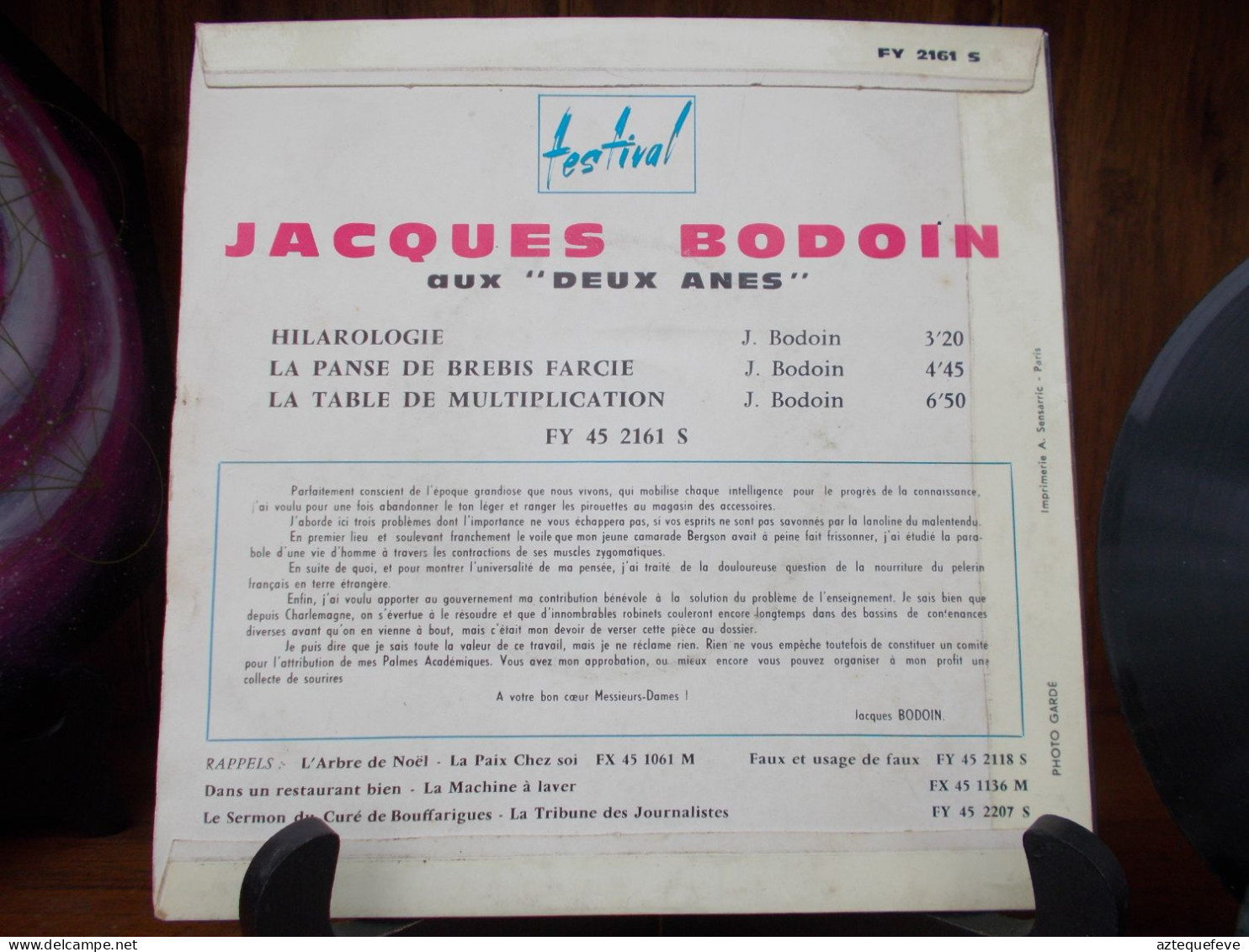 VINYL JACQUES BODOIN SUPER 45T AUX DEUX ANES, 3 TITRES - Otros - Canción Francesa
