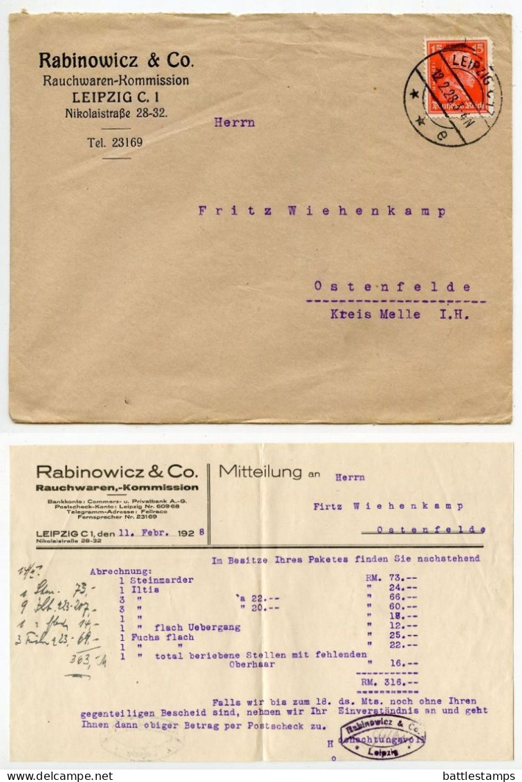 Germany 1928 Cover & Invoice; Leipzig - Rabinowicz & Co., Rauchwaren-Kommission; 15pf. Immanuel Kant - Lettres & Documents