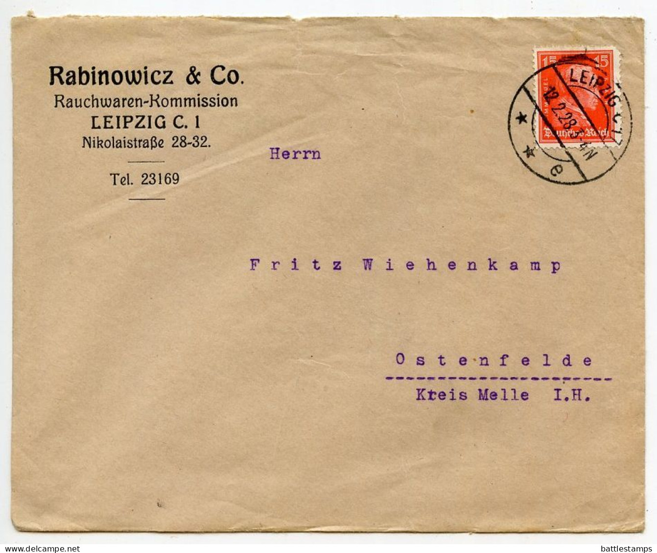Germany 1928 Cover & Invoice; Leipzig - Rabinowicz & Co., Rauchwaren-Kommission; 15pf. Immanuel Kant - Storia Postale