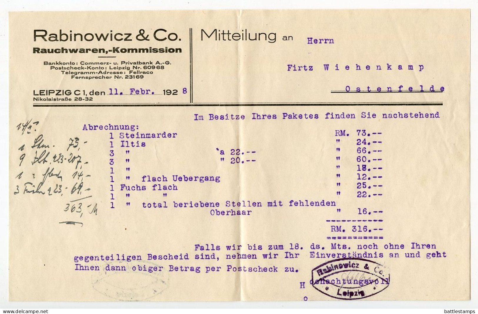Germany 1928 Cover & Invoice; Leipzig - Rabinowicz & Co., Rauchwaren-Kommission; 15pf. Immanuel Kant - Covers & Documents