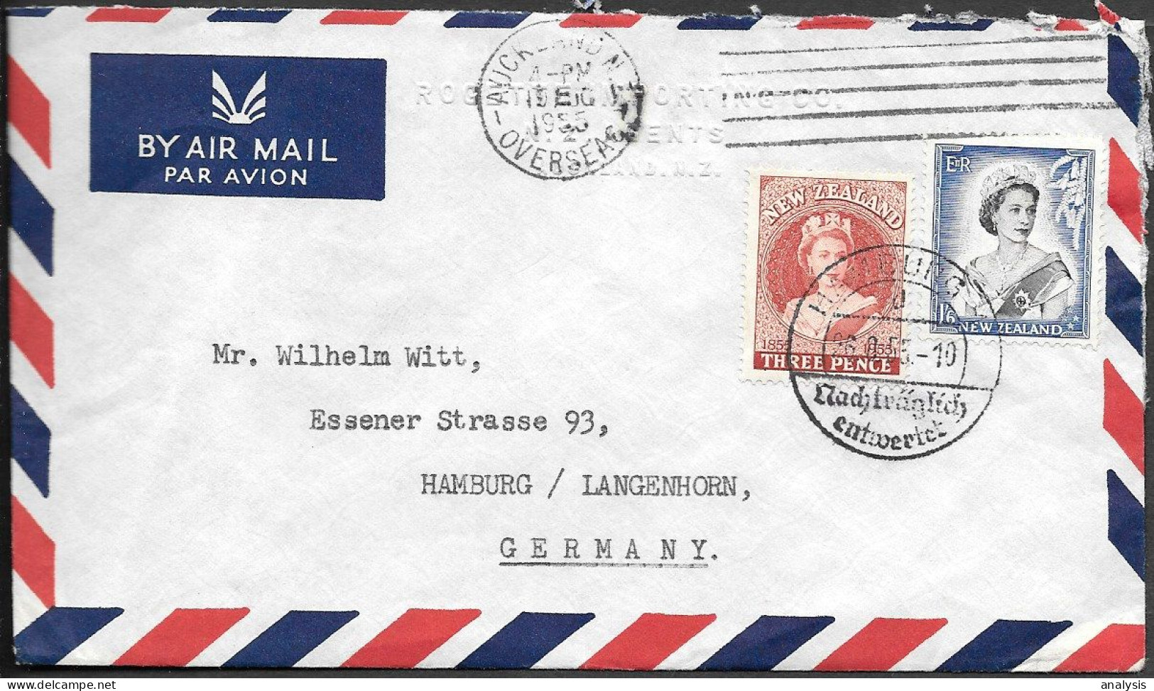 New Zealand Auckland Cover To Germany 1955. QEII Stamps - Brieven En Documenten