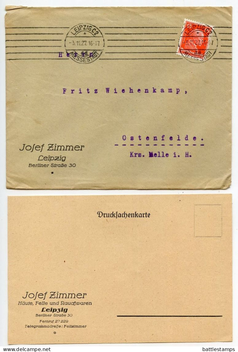 Germany 1927 Cover & Letter; Leipzig (Messestadt) - Josef Zimmer, Häute- Und Fell-Handlung; 15pf. Immanuel Kant - Covers & Documents