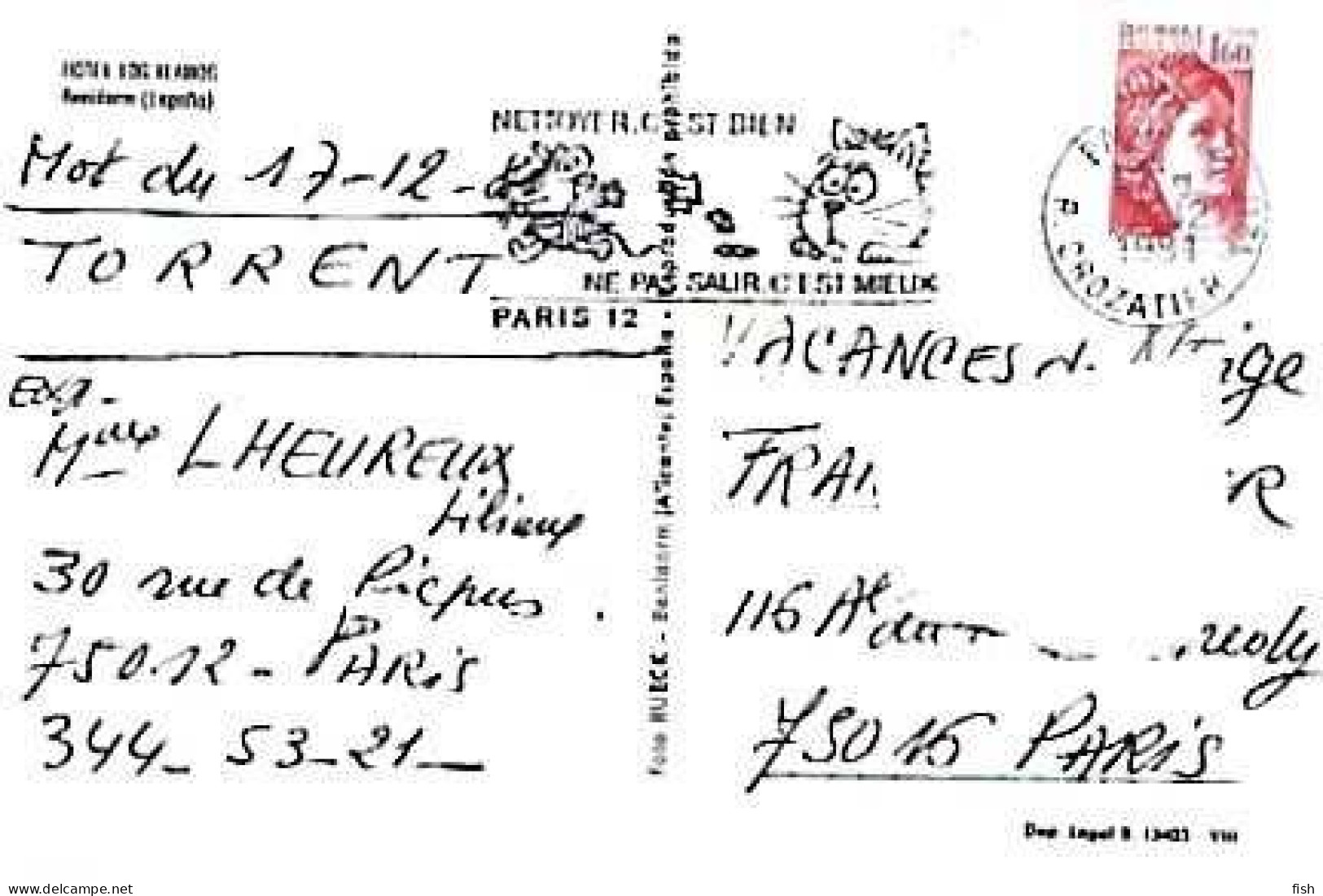 Spain & Marcofilia, Benidorm, Hôtel Los Alamos, Paris 1981 (7765) - Sonstige & Ohne Zuordnung