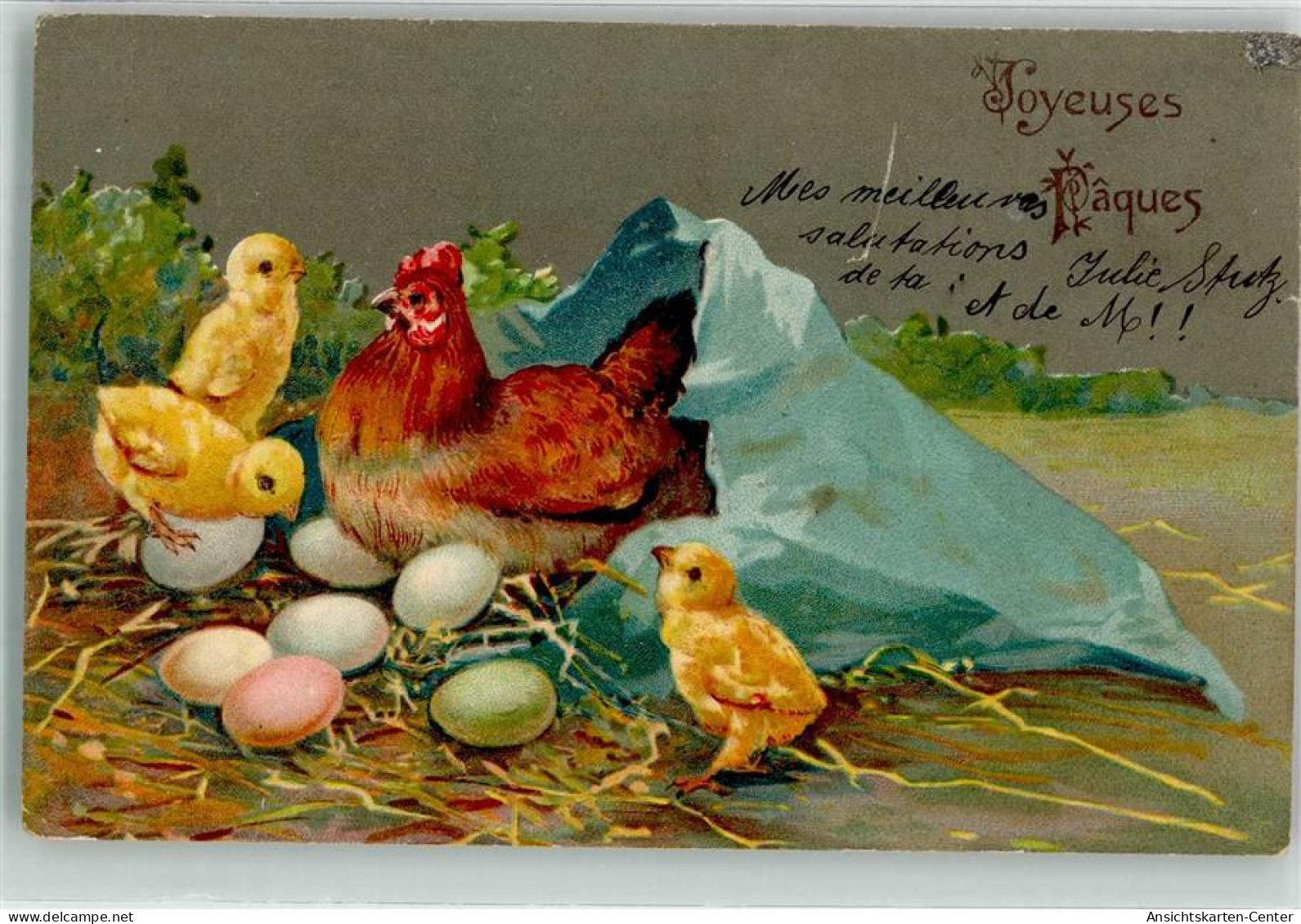 39611308 - Henne Kueken Ostereier Lithographie - Easter