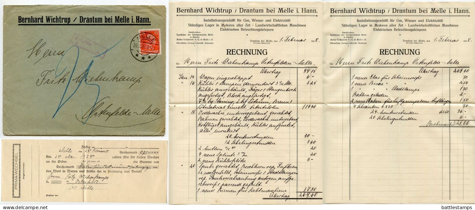 Germany 1928 Cover & Invoices; Melle - Bernhard Wichtrup, Gas, Wasser Und Elektrizität; 15pf. Immanuel Kant - Brieven En Documenten