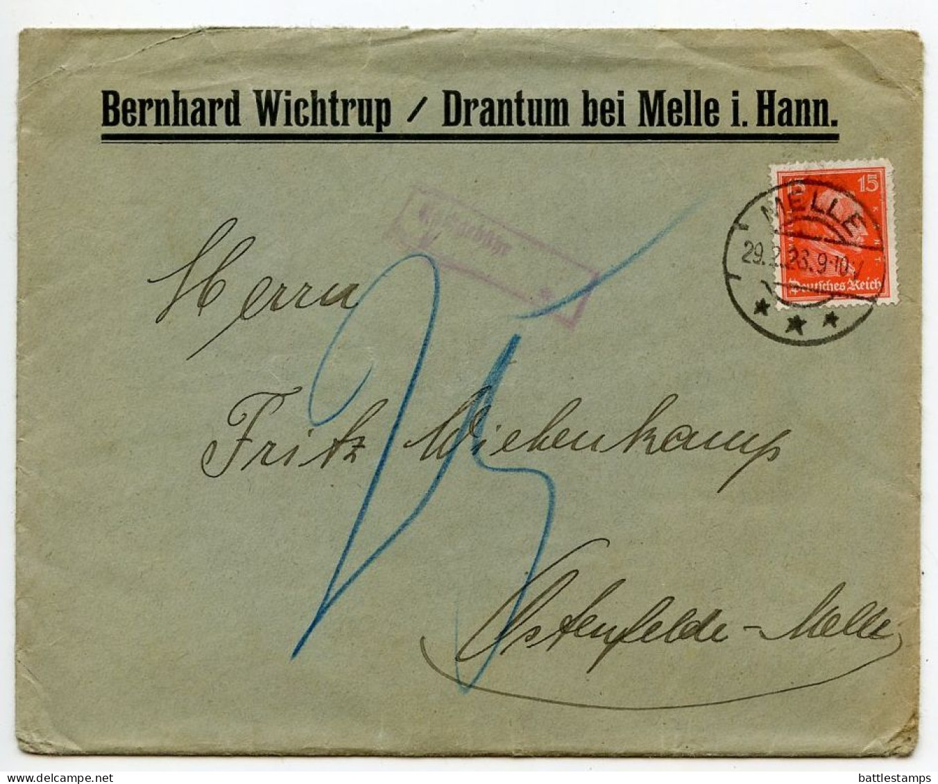 Germany 1928 Cover & Invoices; Melle - Bernhard Wichtrup, Gas, Wasser Und Elektrizität; 15pf. Immanuel Kant - Brieven En Documenten