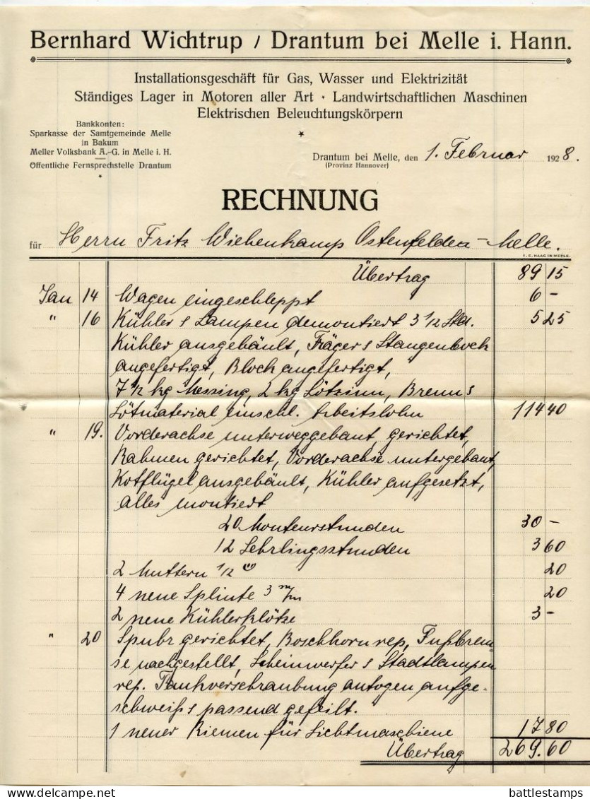 Germany 1928 Cover & Invoices; Melle - Bernhard Wichtrup, Gas, Wasser Und Elektrizität; 15pf. Immanuel Kant - Storia Postale