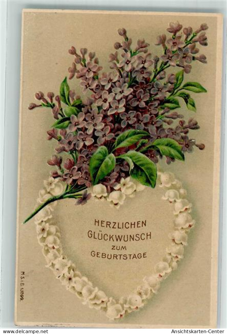 39600308 - Glueckwunsch Flieder Maigloeckchenherz Lithographie M.S.i.B. 13899 - Verjaardag