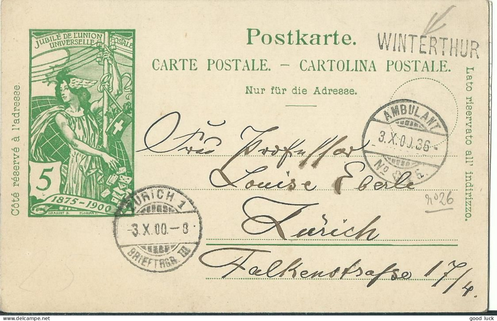 SUISSE  CARTE 5c  MARQUE LINEAIRE  WINTERTHUR + AMBULANT N°26 POUR ZURICH  DE 1900 LETTRE COVER - Briefe U. Dokumente