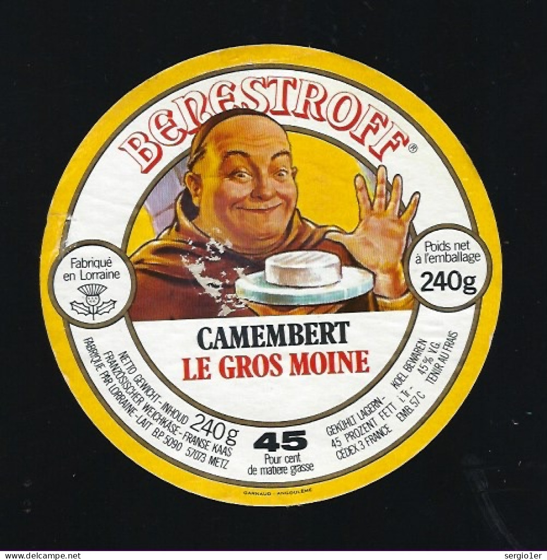 Etiquette Fromage Camembert Le Gros Moine Benestroff 45%mg  Lorraine Lait Metz 57 "moine" - Cheese