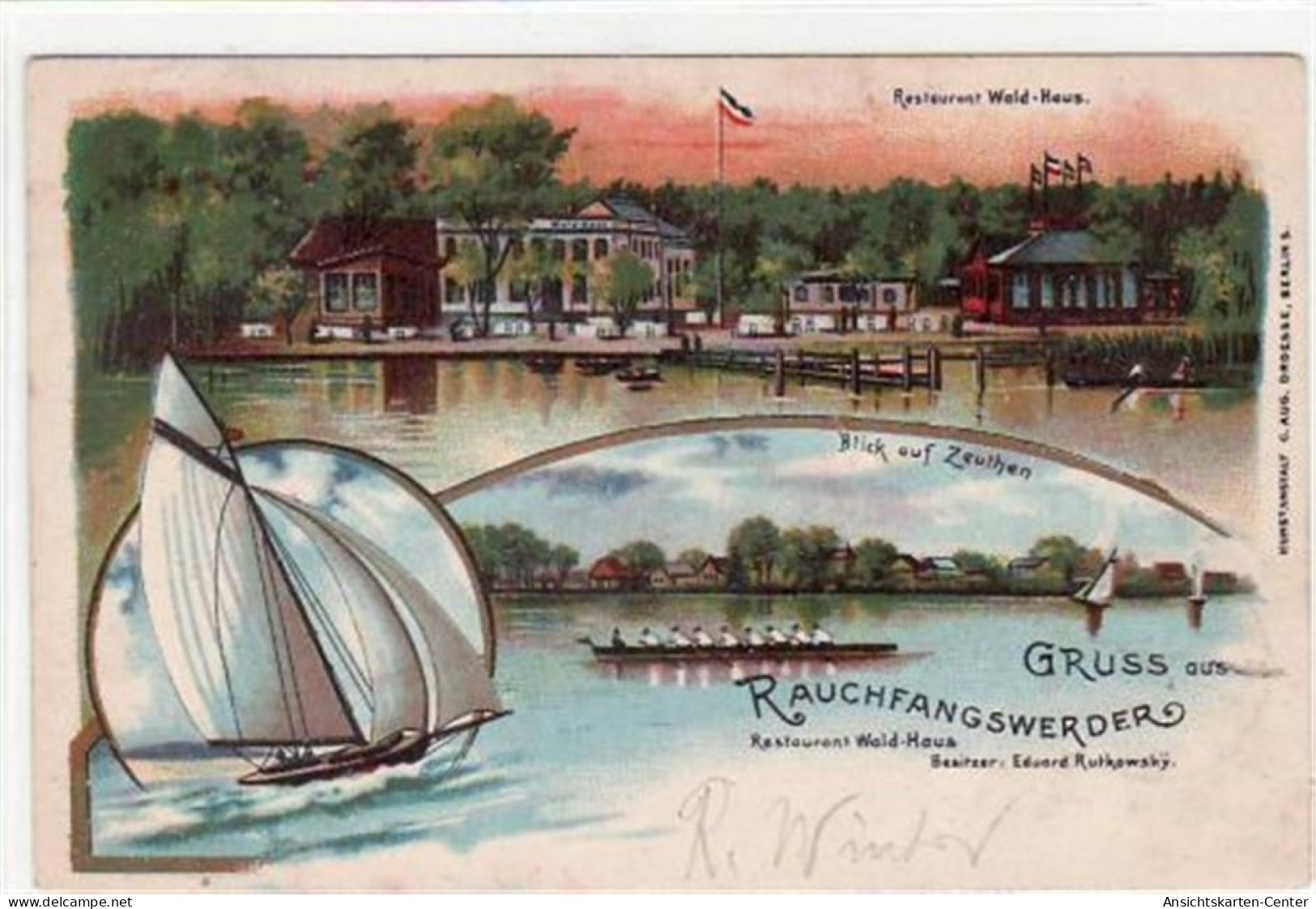 39001008 - Lithographie. Gruss Aus Rauchfangswerder. Abgebildet Ist Das Restaurant Wald-Haus Und Der Blick Auf Zeuthen. - Autres & Non Classés