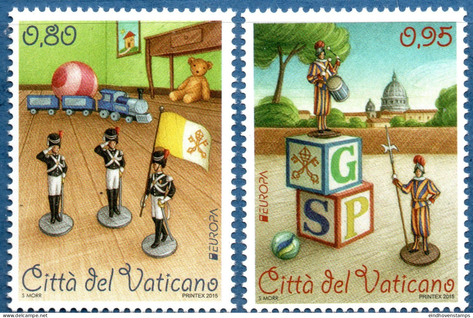 Vatican 2015 Historic Toys 2 Values MNH Tin Soldiers, Train, Teddy, Ball, Marble - Altri & Non Classificati