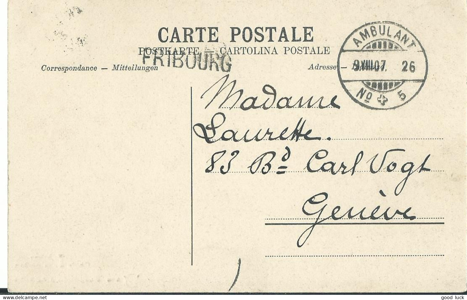 SUISSE  CARTE 5c  MARQUE LINEAIRE FRIBOURG + AMBULANT N°5 POUR ZURICH  DE 1907 LETTRE COVER - Storia Postale