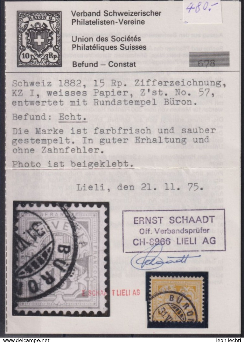 1882 Ziffermuster 15 Rp.KZ L Weisses Papier  Zum: 57, Mi: 49, Befund 678 Ernst Schaadt, ⵙ BÜRON - Gebruikt