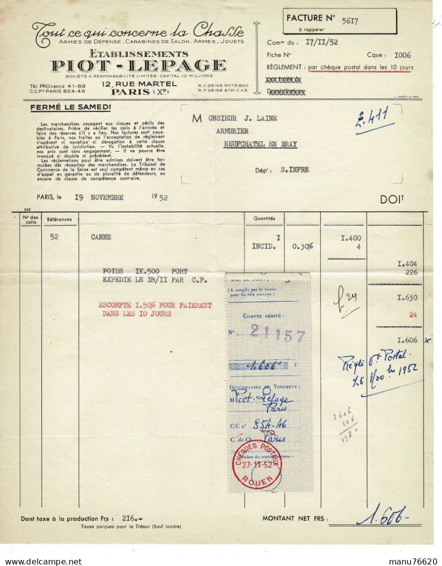 Facture , Document , Courrier : La Chasse Piot-Lepage à Paris , Envoyé à Neuchâtel En Bray - France . - 1950 - ...