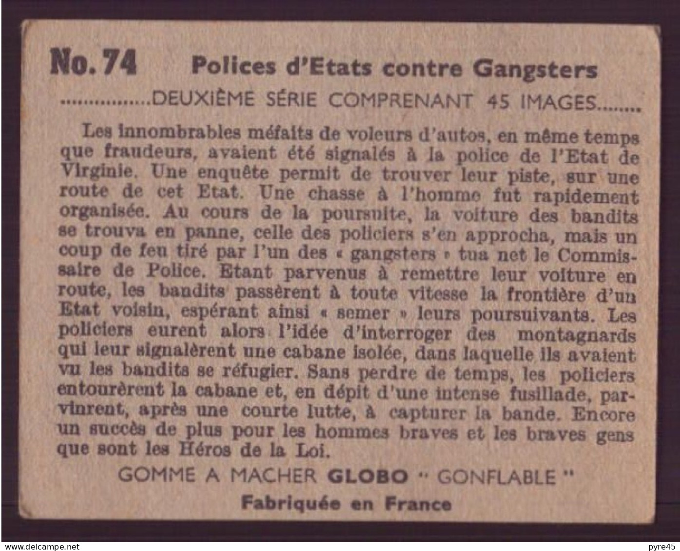 Image Publicitaire " Globo " N° 74, Polices D'états Contre Les Gangsters, Des Bandits Terrorisaient Trois états - Other & Unclassified