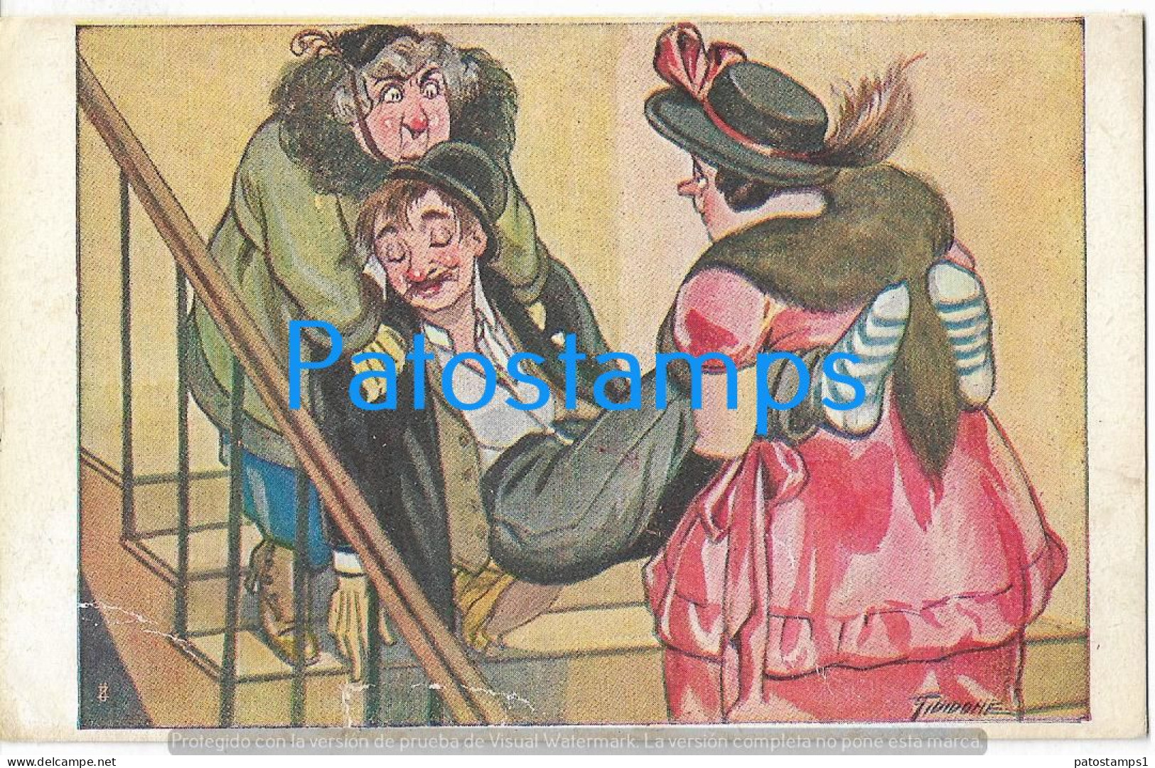 228618 ART ARTE SIGNED DIDONE HUMOR TWO WOMEN CARRYING THE FAINTED MAN BREAK POSTAL POSTCARD - Autres & Non Classés