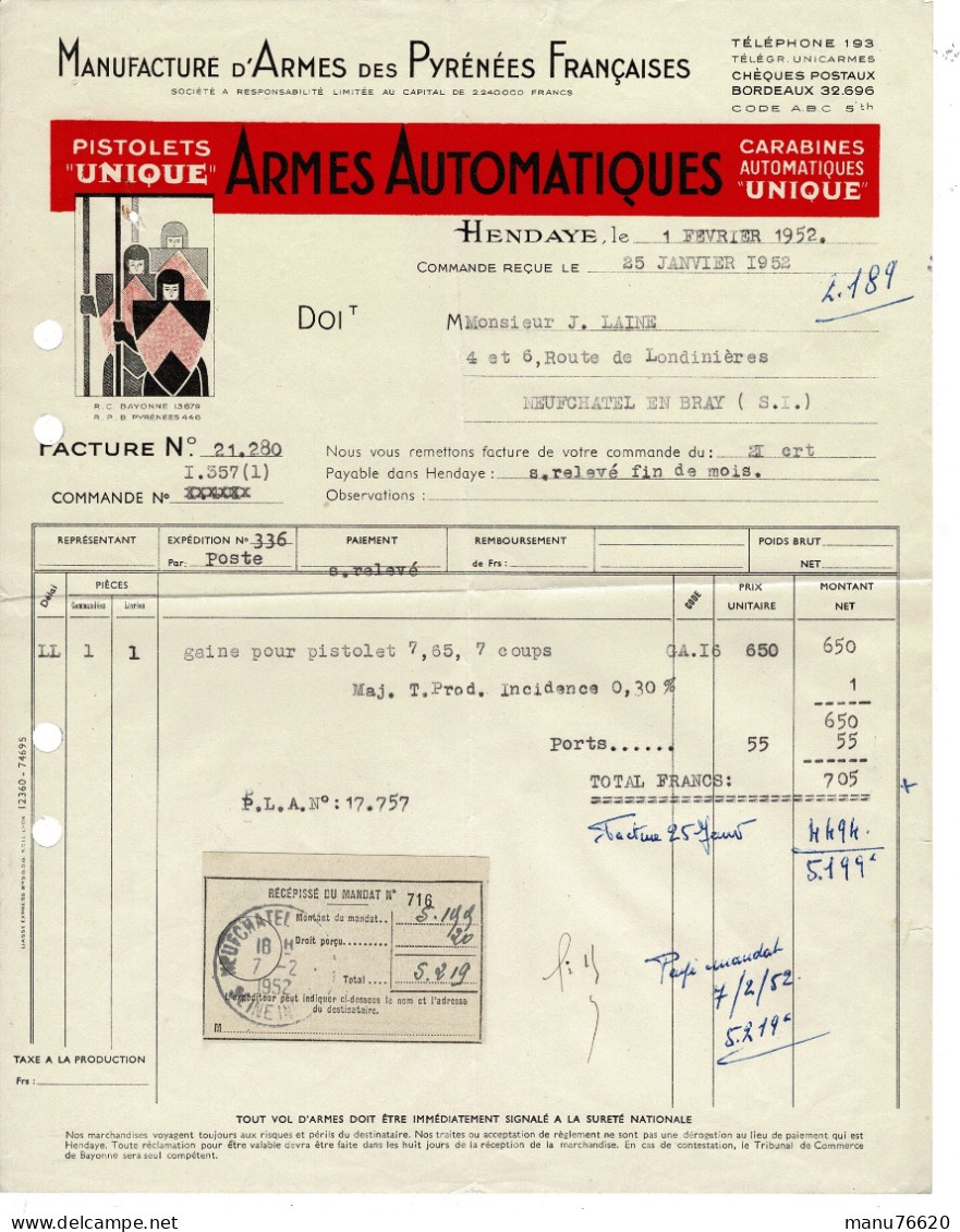 Facture , Document , Courrier : Armes Automatiques à Hendaye , Envoyé à Neuchâtel En Bray - France . - 1950 - ...