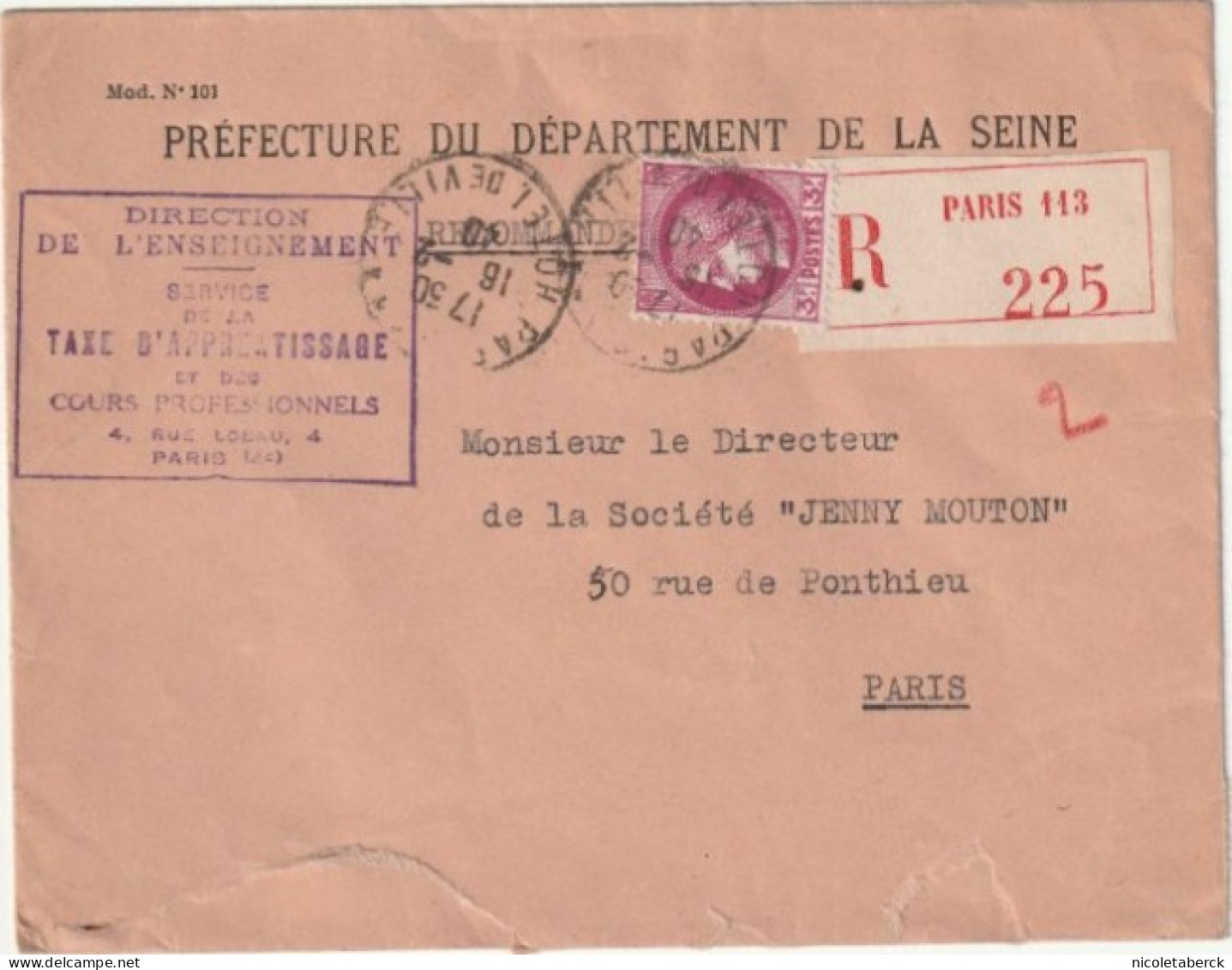 N° 376 Sue Lettre Recommandée De La Préfecture De La Seine. - Storia Postale