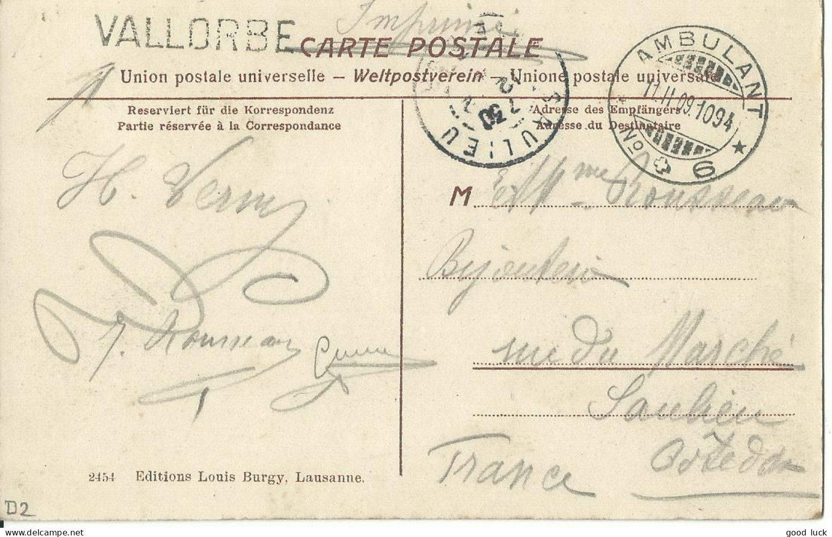 SUISSE  CARTE 5c  MARQUE LINEAIRE VALLORBE + AMBULANT N°6  POUR SAULIEU ( COTE D' OR )  DE 1909 LETTRE COVER - Covers & Documents