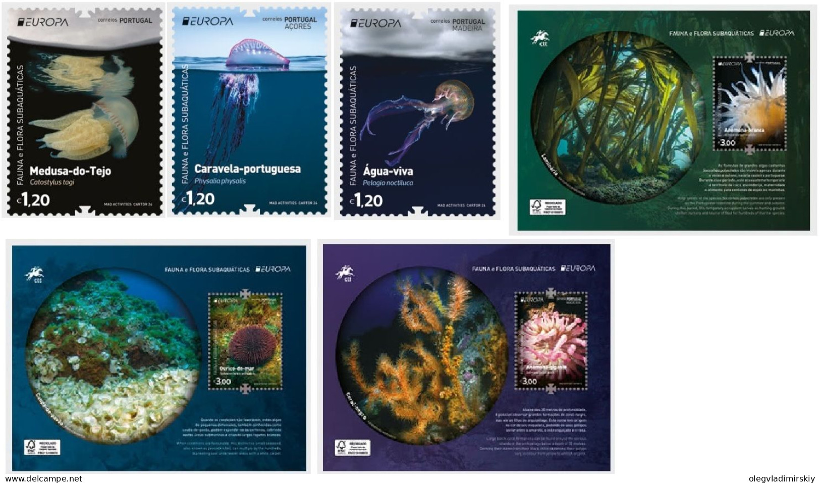 Portugal Azores Madeira 2024 Europa CEPT Underwater Fauna Set Of 3 Stamps And 3 Block's MNH - 2024