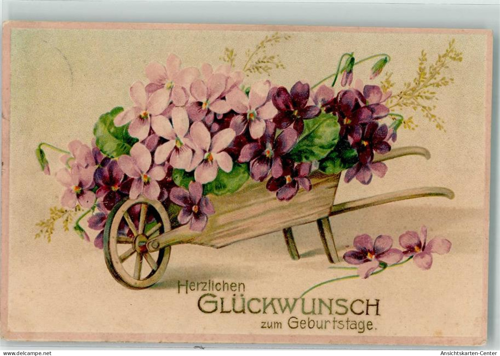 39599408 - Herzlichen Glueckwunsch Zum Geburtstage Schubkarre Mit Veilchen Beladen Lithographie Erika Nr.3858 - Birthday