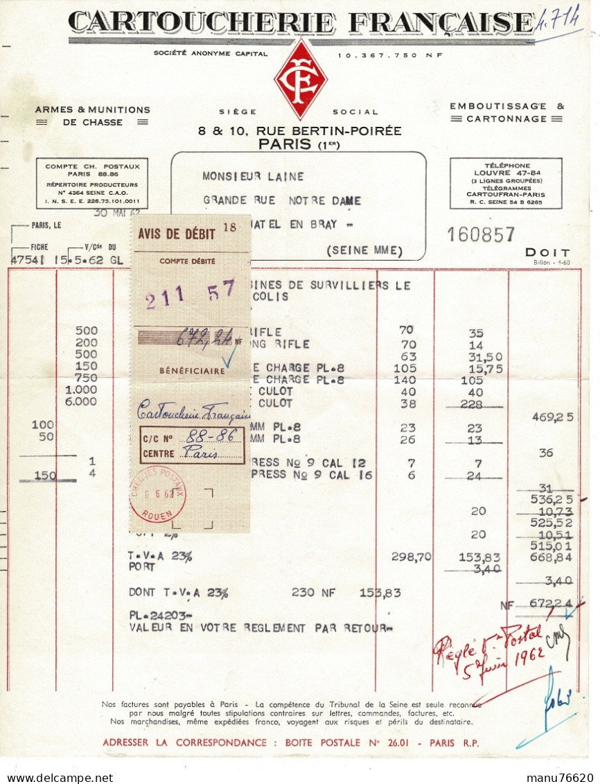 Facture , Document , Courrier : Cartoucherie Française à Paris , Envoyé à Neuchâtel En Bray - France . - 1950 - ...