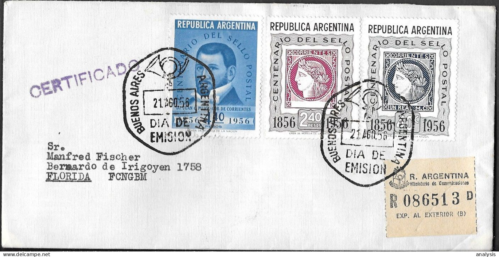 Argentina FDC Cover 1956 Mailed. 100th Anniv Of Postal Stamps - Storia Postale