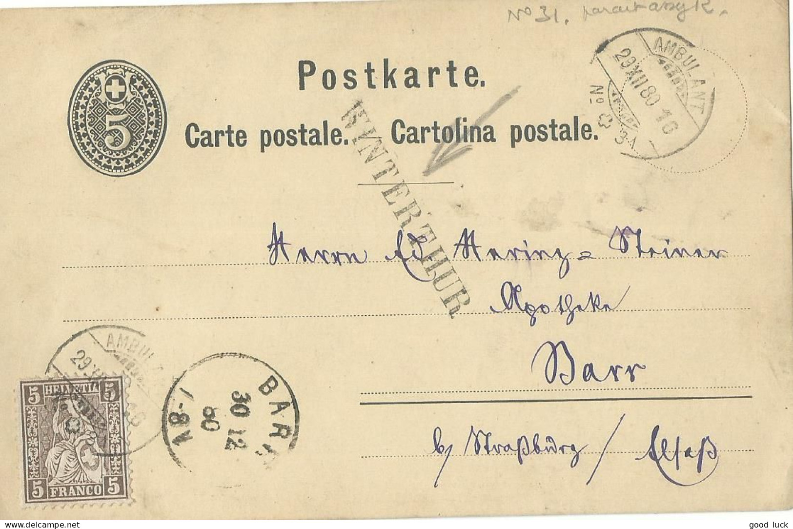SUISSE  CARTE 5c + 5c MARQUE LINEAIRE WINTERTHUR + AMBULANT N°31  POUR BARR DE 1880 LETTRE COVER - Cartas & Documentos
