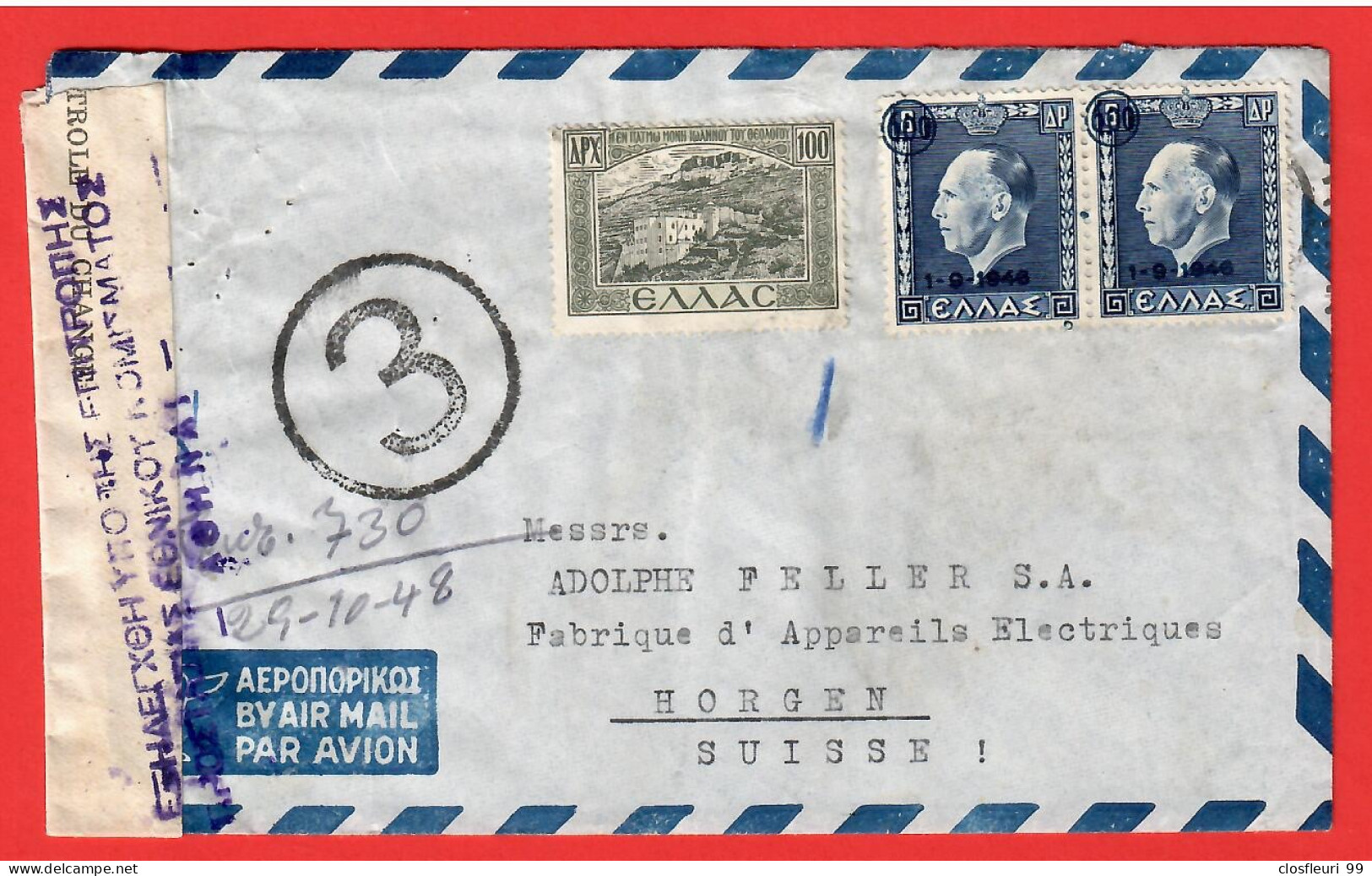 Censoir, Examined /Marque N°3 / Par Avion 29.10.48 /Timbre Surchargé 1-9-1946 / Horgen Switzerland - Postmarks - EMA (Printer Machine)