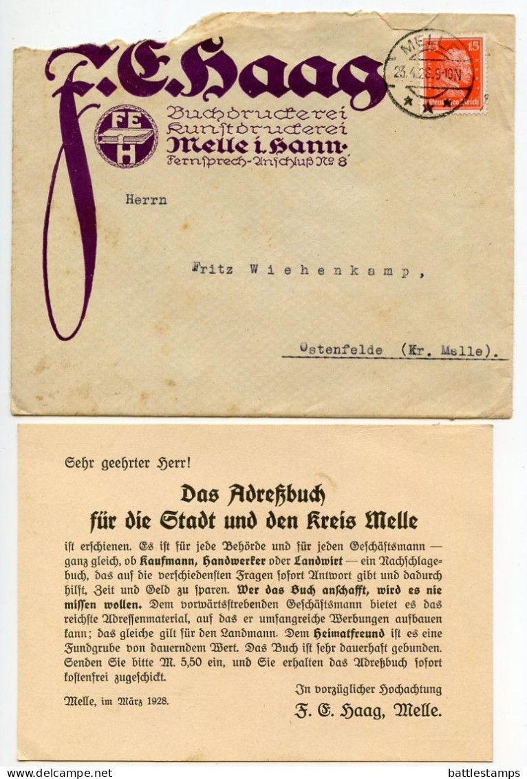 Germany 1928 Cover W/ Invoice & Zahlkarte; Melle - F.E. Haag Buchdruckerei Kunstdruckerei; 15pf. Immanuel Kant - Storia Postale