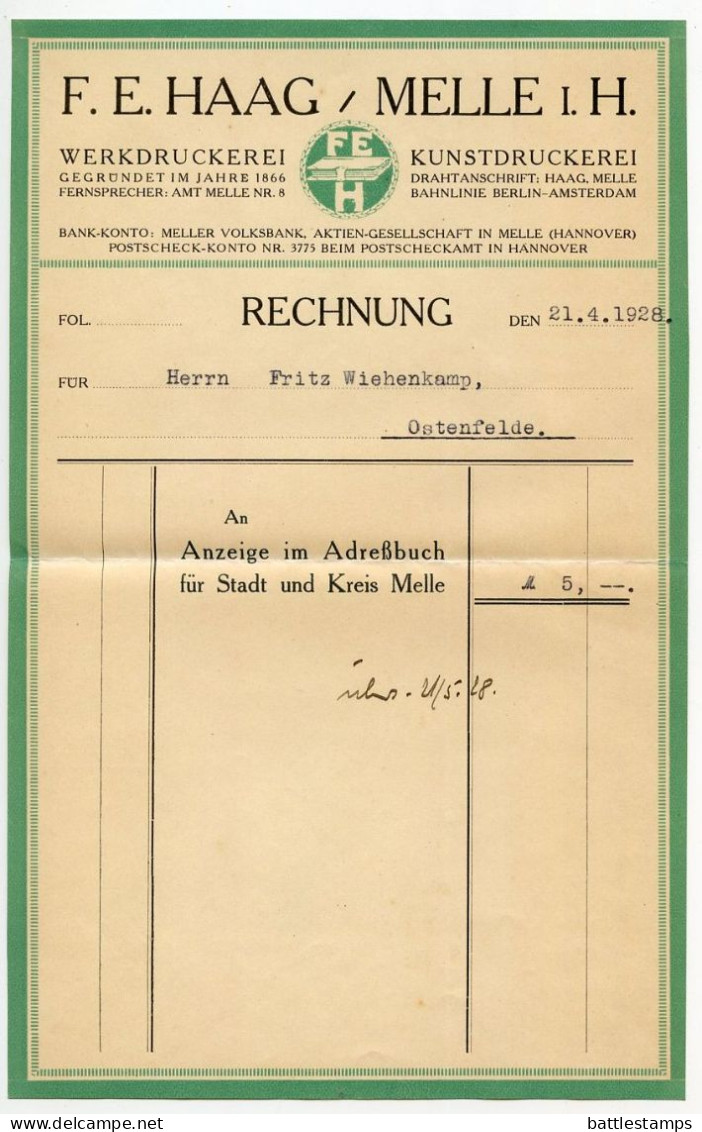 Germany 1928 Cover W/ Invoice & Zahlkarte; Melle - F.E. Haag Buchdruckerei Kunstdruckerei; 15pf. Immanuel Kant - Lettres & Documents