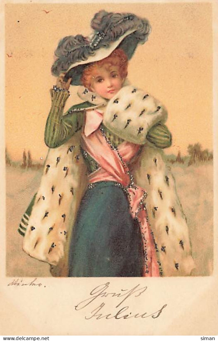 N°25012 - Carte Illustrateur Avec Paillettes - Hiver - Femme Avec Un Manchon - 1900-1949