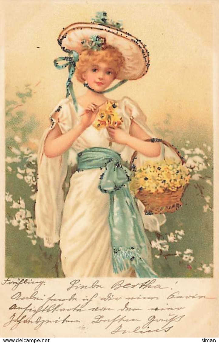 N°25013 - Carte Illustrateur Avec Paillettes - Printemps - Femme Avec Un Panier De Fleurs Jaunes - 1900-1949