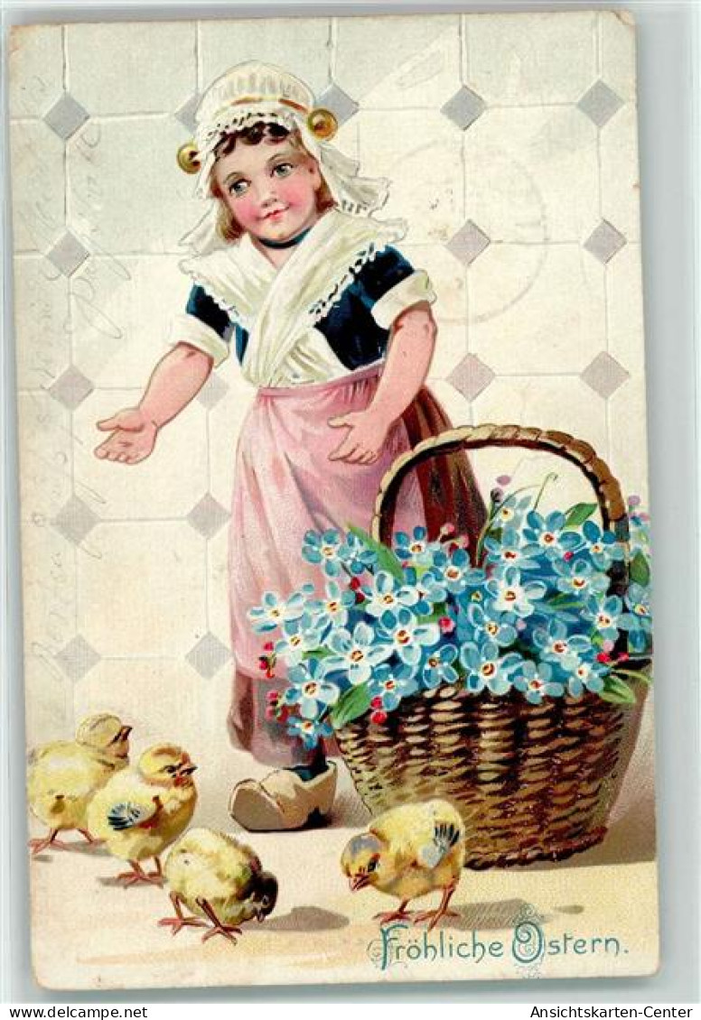 39182008 - Hollandkind Kueken Korb Mit Vergissmeinnicht AK - Easter