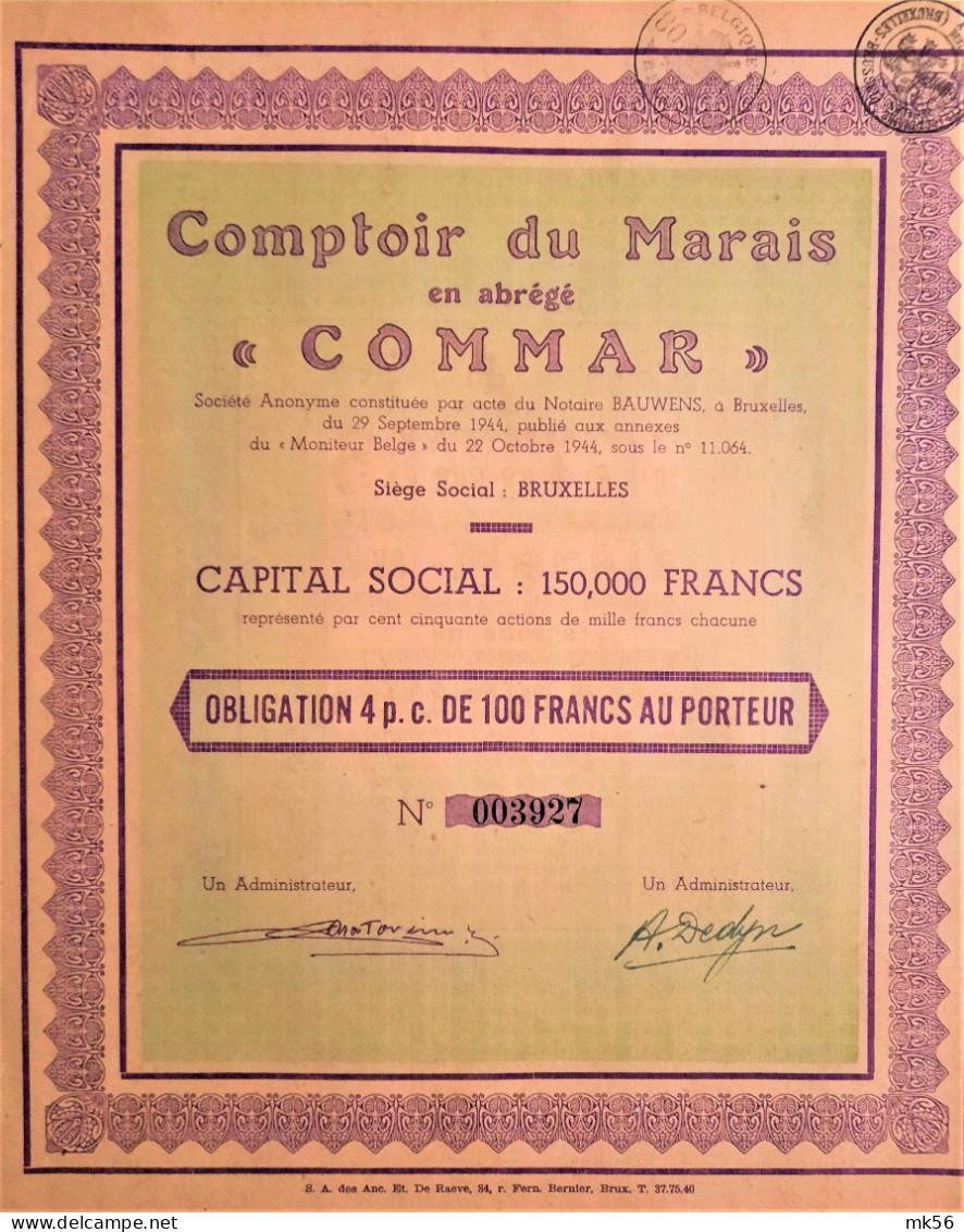 S.A. Comptoir Du Marais  En Abrégé 'COMMAR' - Obligation 4 % De 100 Fr Au Porteur (1944) - Bruxelles - Other & Unclassified