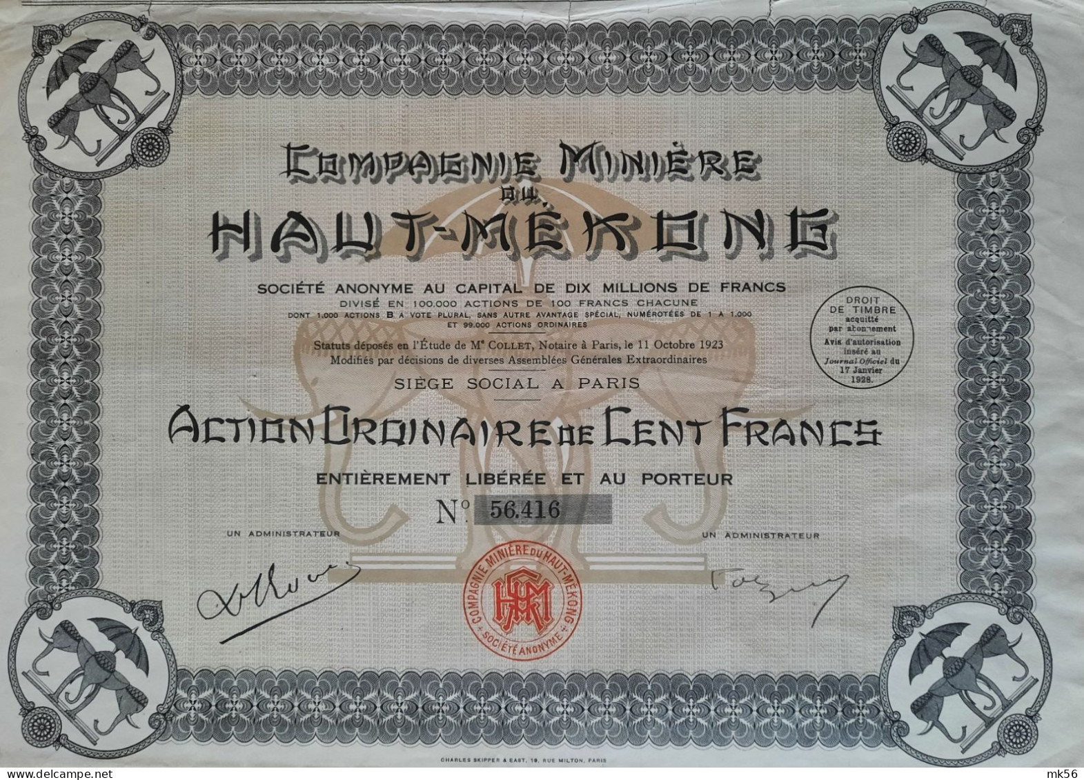 Compagnie Minière Du Haut-Mekong  (1923) Action Ordinaire De 100 Francs - Paris - Mijnen