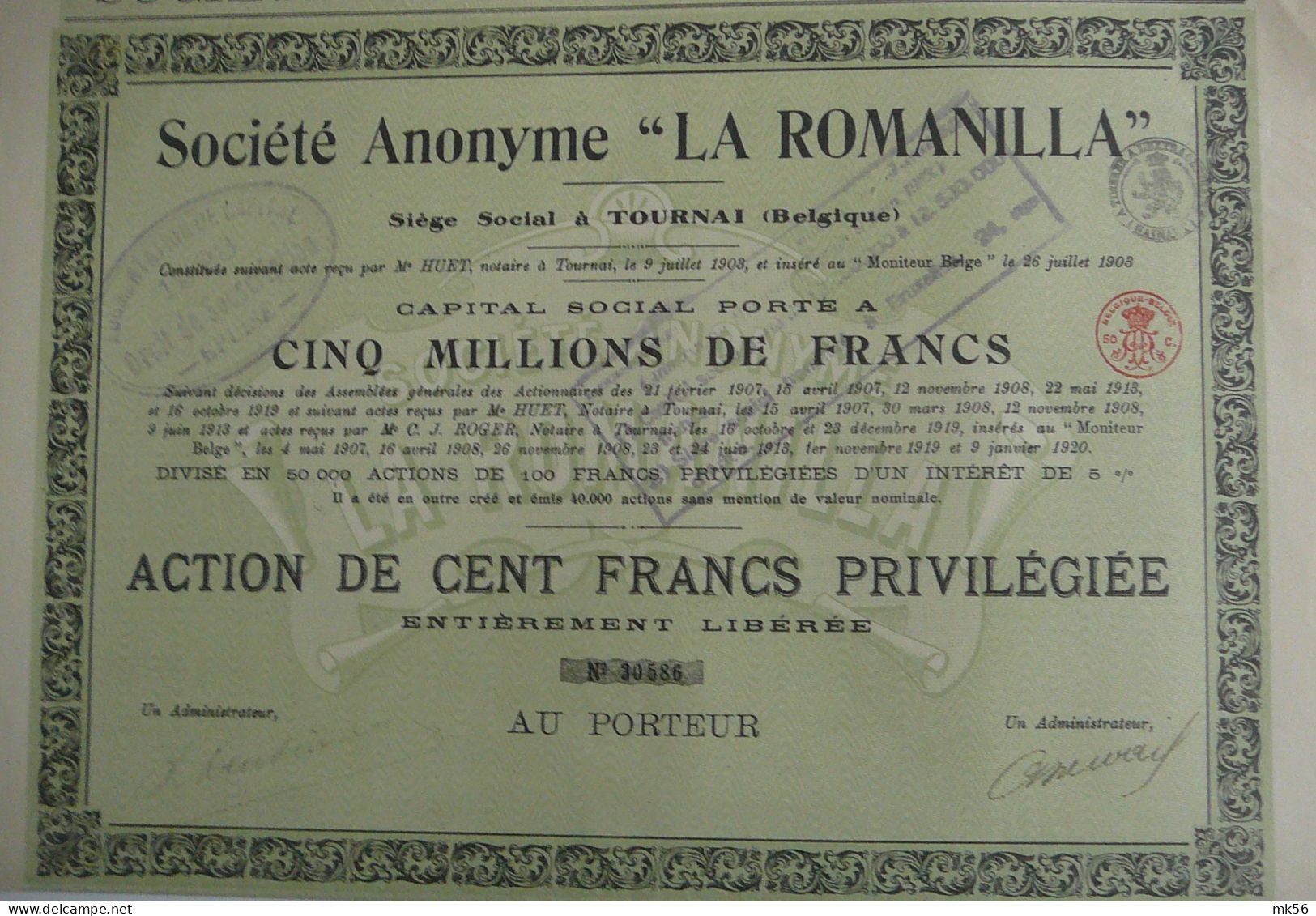 S.A. La Romanilla - Act.de 100 Fr - Priviligiée  (1920) - Tournai - Miniere