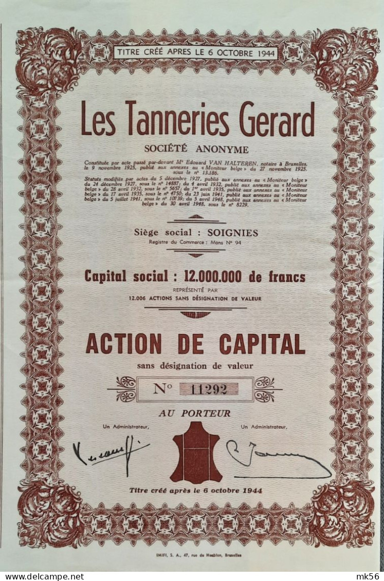 Les Tanneries Gerard - Soignies - Action De Capital - 1948 - Tessili