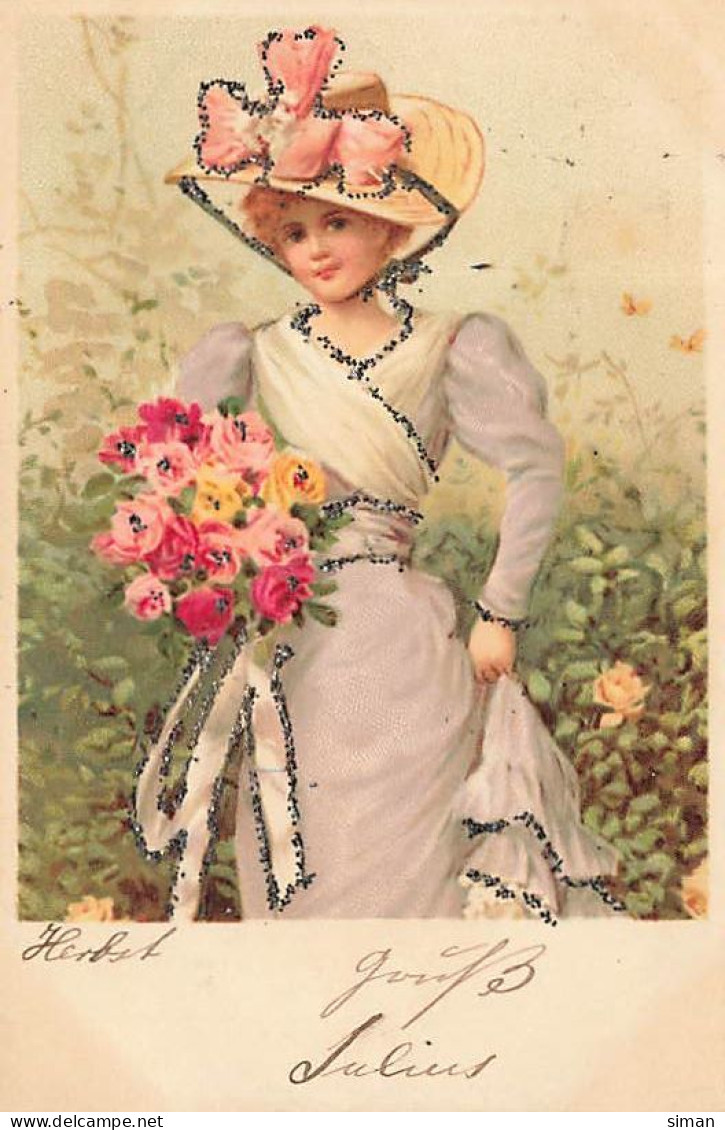 N°25015 - Carte Illustrateur Avec Paillettes - Automne - Femme Avec Un Bouquet De Roses - 1900-1949